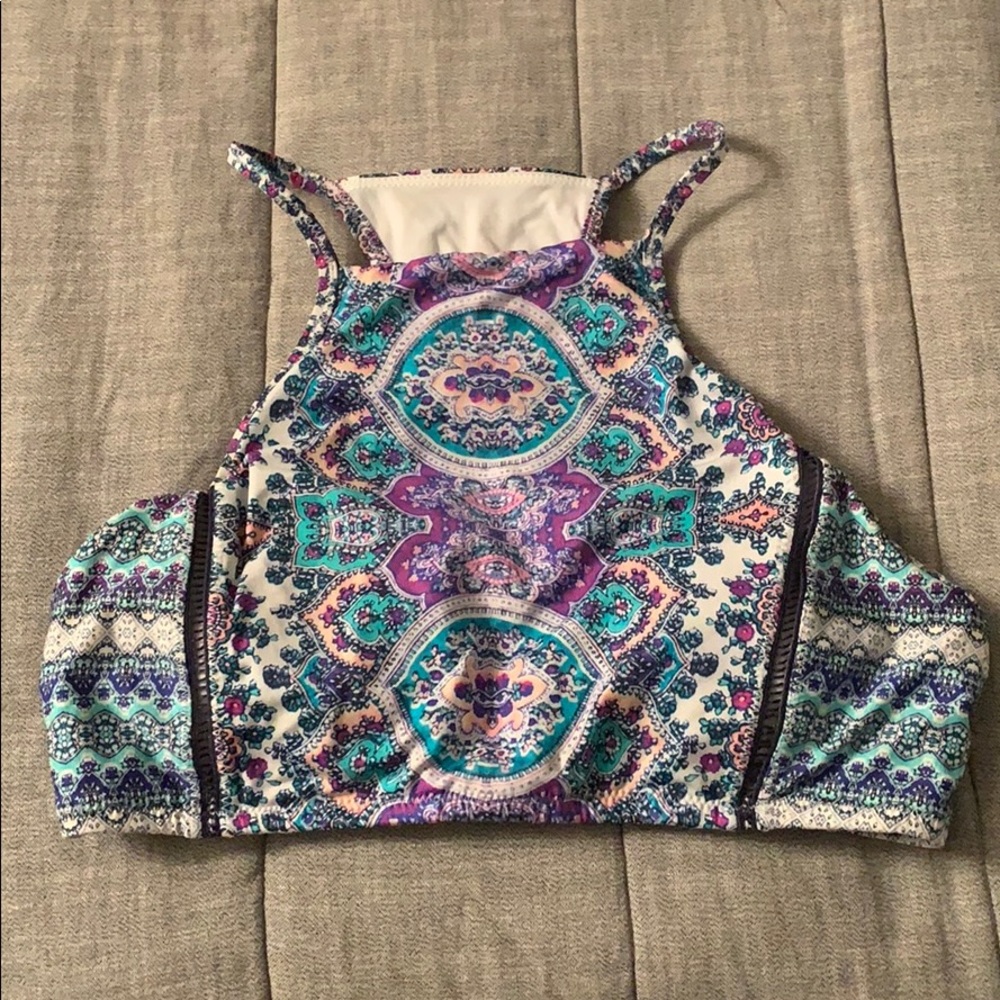 High neck top with purple bottoms
